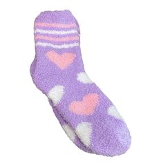 Features: Style: Fuzzy Heart Printed Socks Color: Purple,Pink Please Specify Light Or Hot Pink Hearts - We Have Both! Year Round Heart Size: Womens Os Condition: New With Tags Cozy Purple Winter Socks, Casual Purple Socks As Gift, Casual Purple Socks For Gift, Casual Purple Socks For Gifts, White Thigh High Socks, Halloween Tights, Cable Knit Leg Warmers, Purple Socks, Printed Socks