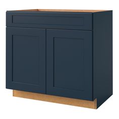 a blue cabinet with two doors on the front and one door open to reveal an unfinished drawer