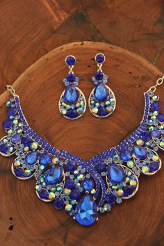 Blue Necklace and Earrings Set Blue and AB Rhinestone - Etsy Prom Necklace, Prom Necklaces, Necklace And Earrings Set, Chain Extenders, Matching Bracelet, Fancy Jewelry, Necklace Blue, Rhinestone Bracelet, Blue Necklace