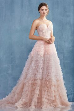 Layered Tulle Wedding Dress, Corset Ruffle Dress, Blush Evening Gown, Ruffle Skirt Long, Delicate Wedding Dress, Corset Ball Gowns, Andrea And Leo, Ruffled Gown, Ball Gowns Evening