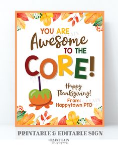 Awesome to the Core Sign Caramel Apple Fall Gift Appreciation Candy Apples Caramel, Thanksgiving Teacher Gifts, Caramel Apple Gifts, Thanksgiving Sign, Apple Caramel, Appreciation Gifts Diy, School Pto, School Friend, Apple Treat