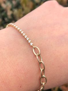 MaterialGold, Diamond DescriptionUp for sale is a beautiful 14K Gold Half Chain Half Round Tennis Diamond Bracelet. Specifications:-Model #: DHODHFTENNSHFCHN-Metal Type: Rose, White, or Yellow Gold-Metal Purity: 14K-Gold Weight: 3.2 grams approx.-Total Diamond Weight: 0.50-0.55 carats approx. -Length: Adjustable 6" or 7" -Color: F-G-Clarity: SI Brief Overview:-Free Sizing W/ Purchase-14 Day Return Policy-Conflict Free Diamonds-Satisfaction Guarantee-Black Velvet Box Included W/ Purchase.Satisfac Classic Diamond Bracelet With Chain, Elegant Round Diamond Bracelet With Solid Link Construction, Elegant Round Diamond Bracelet With Solid Link, Elegant 14k Gold Diamond Oval Link Bracelet, Elegant 14k Gold Oval Link Diamond Bracelet, Elegant Oval Gold Chain Jewelry, 14k Gold Diamond Bracelet With Solid Link, Luxury Oval Link Jewelry With Prong Setting, Luxury Jewelry With Prong Setting And Oval Link