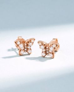 Suzanne Kalan Princess Diamond Mini Butterfly Studs in 18k rose gold Mini Butterfly, Butterfly Shape, Princess Diamond, Color Swatches, Signature Design, White Diamonds, Beautiful Butterflies, Princess Cut, Outfit Details