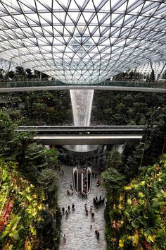 the inside of a building with lots of trees and plants