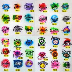 several different colored stickers on a white surface with the names of various sports teams