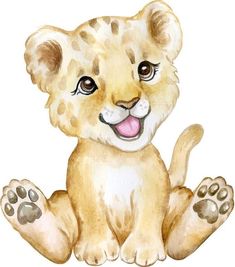 a watercolor drawing of a baby lion cub sitting down with its paws on the ground