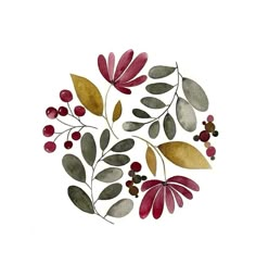 watercolor painting of leaves and berries on white paper with gold, green, red and grey colors