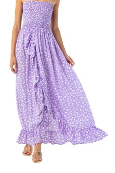 We're in love with this strapless purple polka dot printed maxi which we can't wait to wear all summer long -- from the beach to dinner. The dress features a strapless smocked top with a flowy, ruffled bottom and the chicest, open back. 100% Rayon Hand Wash Cold Bandeau Strapless Dress With Ruffles For Beach, Summer Beach Strapless Dress With Ruffles, Summer Strapless Dress With Ruffles For Beach, Purple Maxi Dress With Spaghetti Straps For Beach, Beach Maxi Dress With Elastic Waistband And Flowy Skirt, Summer Vacation Maxi Dress With Elastic Waistband, Beach Strapless Dress With Smocked Bodice, Strapless Polka Dot Summer Dress, Beach Maxi Dress With Smocked Bodice And Flowy Skirt