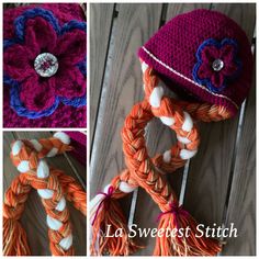 three pictures show different types of crocheted hats with flowers and beads on them