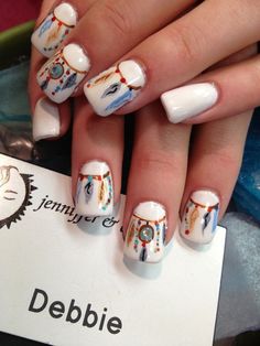 Classical native American dreamcatcher on white nails Feather Nail Designs, Dream Catcher Nails, Feather Nail, Feather Nail Art, Feather Nails, American Nails, Western Nails, Different Nail Designs, Unique Nails