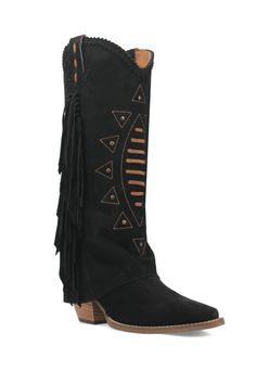 Take a walk on the wild side in the Spirit Trail boot. This 14-inch stylish fold-over boot is artfully designed, featuring fringe along the sides, detailed studs, and distinctive stitching. Crafted with soft-to-the-touch suede leather and cushioned comfort insole. With a snip toe and a 2 1/2-inch heel, this boot provides an elevated and stylish look for those seeking a touch of adventure in their footwear. Foot: Suede Leather Shaft Height: 14" Circumference: 14" Heel Height: 2 1/2" Insole: Cushi Dingo Boots, Fold Over Boots, Artfully Designed, Walk On The Wild Side, Take A Walk, Leather Boot, 2 Inch Heels, Black 7, Walk On