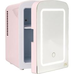 a pink and white refrigerator with the door open