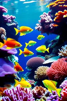 an underwater scene with many different colored fish