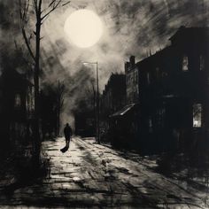 a black and white drawing of a person walking down a street at night with the sun in the background