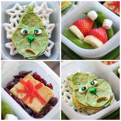 four different pictures of food in containers with faces and eyes on them, including fruit