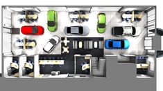 an overhead view of a room with several cars parked in the garage and two people sitting at desks