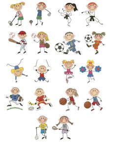 a group of children with different sports related items in their hands, all drawn by hand