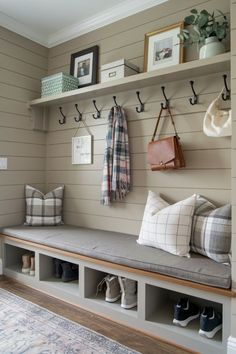 Entryway benches ideas featuring farmhouse flair with reclaimed wood benches and smart storage solutions. Perfect for mudrooms and welcoming entryways, these designs include built-in benches, neutral color schemes, and cushion designs for added comfort.