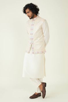 Ivory bundi adorned with intricate gota-patti jaal pattern embroidery. - Aza Fashions Nehru Jackets, Pattern Embroidery, Kurta With Pants, Pants Pattern, Aza Fashion, Pure Silk, Types Of Sleeves, Custom Made, For Men