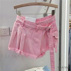 Lasaky - High-waisted Irregular Layered Pleated Skirt Pants with Denim Shorts Design Element Layered Pleated Skirt, Pink Denim Skirt, Shorts Design, Workwear Shorts, Patchwork Denim, Denim Skirt Women, Denim Patchwork, Designer Shorts, Character Outfits