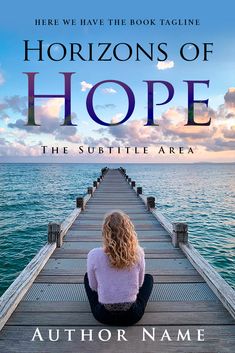 a woman sitting on the end of a pier looking out at the ocean and sky