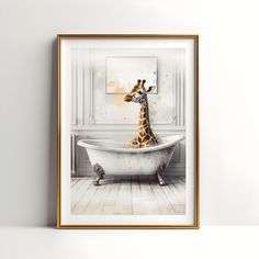 a giraffe sitting in a bathtub next to a window with white walls