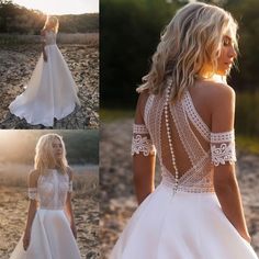 a woman in a white wedding dress with open back and beading on the shoulders