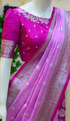 Pattern Blouse For Pattu Saree, Maggam Work For Pink Blouse, Banaras Silk Saree Blouse Designs, Simple Blouse Works For Pattu Sarees, Pink Silk Blouse Designs, Pink Silk Saree Blouse Designs, Simple Work Blouse Designs For Pattu, Simple Work Designs For Blouses, Pattu Blouse Back Neck Designs Pattern