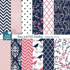 a collection of navy and pink wedding digital paper textures for scrapbooking, card making or embellishments