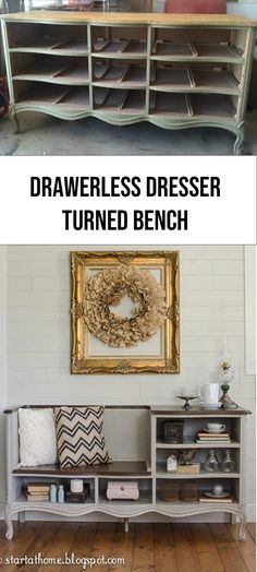 an old dresser turned bench is transformed into a diy sideboard with gold leaf trim