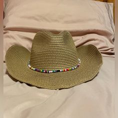 Never Worn, Only Fiddled With The Foldable Rim Adjustable Head Width On The Inside The Decor Can Be Removed But Came Attached Open To Questions Open To Reasonable Offers Multicolor Beaded Brimmed Hat, Western Multicolor Sun Hat For Beach, Western Style Multicolor Sun Hat For Beach, Casual Beaded Fedora Sun Hat, Beaded Multicolor Summer Hats, Festival Multicolor Beaded Hats, Multicolor Beaded Summer Hat, Summer Multicolor Beaded Hats, Summer Beaded Fedora Sun Hat