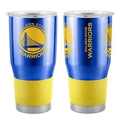 two blue and yellow tumblers with the golden state warriors logo on each one side