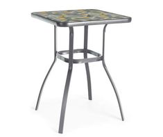 a small table with metal legs and a flower design on the top, against a white background