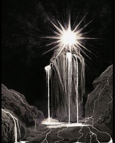 an image of a waterfall in the dark with light coming out from it's side