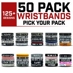 50 PACK WRISTBANDS - PERFECT FOR TEAMS, ORGANIZATIONS, EVENTS & BUSINESSES Choose any 50 Wristbands from our 125+ options available! You'll pick your wristband design and then select your size for each wristband. We offer 3 sizes: Youth 7", Standard 8" or XL 9". With over 1,000,000 Wristbands sold since 2014, it's safe to say our wristbands are a best seller and an EAG staple! Our wristbands designed to help inspire, encourage and remind you to keep pushing towards your goals. DURABLE: Made of h Daily Positivity, Wristband Design, Compression Arm Sleeves, Athletic Gear, Keep Pushing, Gift Card Shop, Wristbands, Egift Card, Best Seller