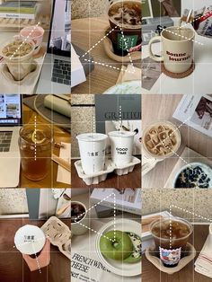 the collage shows coffee cups, books and other items in different positions on the table