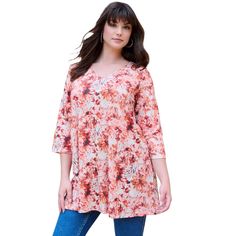 Printed with a stunning watercolor-inspired floral print, this tunic is bound to stand out. It's designed with a longer length for more coverage, making it perfect to pair with both denim and leggings. Tie Dye Tunics, Ruffle Long Sleeve, Flowy Blouse, Career Dress, Print Tunic, Linen Women, Long Sleeve Casual, Plus Size Tops, Plus Clothing