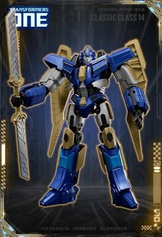 a blue and gold robot with two swords in it's hands, on a black background