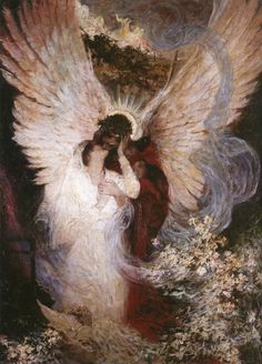 an angel is standing next to a woman with her arms around her head and wings outstretched