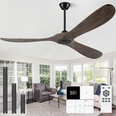 a living room with a ceiling fan and remote control