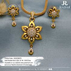 A classic piece that will never fail to impress - the Gold Pendant Set. Latest Pendent Set Gold, Kitty Set Gold Jewellery Design, Korean Jwellery, Big Earrings Gold, Gold Earing, Create Board