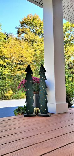 two trees are sitting on the front porch