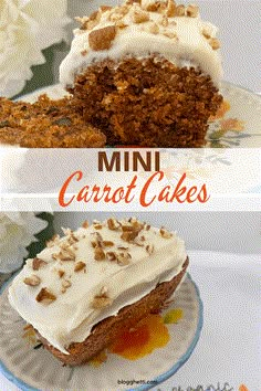 two pictures of carrot cake with white frosting and pecans on the top one has a bite taken out of it