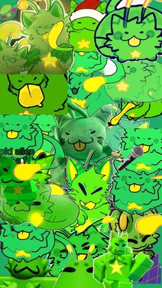 the green and yellow cartoon characters are all grouped up together in this collage with different colors