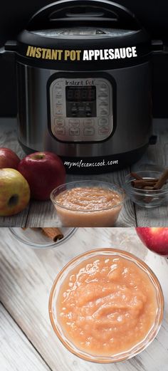 an instant pot appliance is shown with apples and other ingredients in front of it