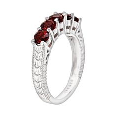 Add timeless charm to any outfit with this spectacular garnet ring. Click on this JEWELRY & WATCHES GUIDE to learn about fit, styles, materials and more!Ring Details: Width: .16-in. Metal: rhodium-plated sterling silver Features: chevron-textured band & milgrain details Gemstone Details: Gemstone type: genuine garnet Cut: round Setting: prong  Size: 10. Gender: female. Age Group: adult. Timeless Garnet Jewelry For Anniversary, Classic Garnet Rings With Round Cut, Classic Garnet Round Cut Ring, Classic Garnet Ring With Round Cut, Classic Gemstones With Accent Stones For Anniversary, Classic Garnet Jewelry With Polished Finish, Classic Garnet Round Band Rings, Classic Garnet Ring With Round Band, Classic Ruby Gemstones With Prong Setting