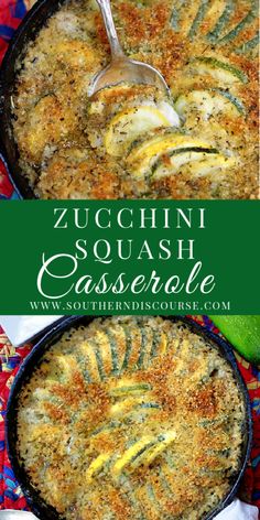 zucchini squash casserole in a cast iron skillet with a serving spoon