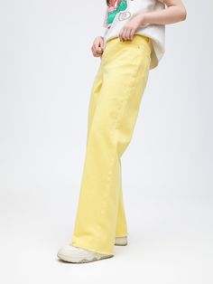 Details: Warm and healing cheese yellow toned jeans Relaxed, straight fit Dinosaur and U-Cat print on the back for a fun street look Materials & Care: Cotton: 98.5%. Spandex: 1.5% 30° wash, gentle dry clean Do not bleach Size & Fit: Model is 5'7", Bust 32, Waist 24, Hips 35, wearing a size S Item #: LN1DP02 Casual Yellow Pants With Five Pockets, Spring Yellow Pants With Five Pockets, Trendy Yellow Straight Leg Bottoms, Trendy Yellow Straight Leg Pants, Yellow Straight Leg Jeans For Summer, Yellow Wide Leg Jeans For Summer, Yellow Wide Leg Jeans For Fall, Yellow Mid-rise Bottoms For Spring, Yellow Denim Bottoms For Fall