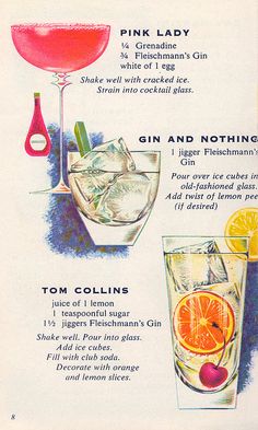 an advertisement for pink lady gin and nothing, featuring two cocktail glasses with orange slices in them