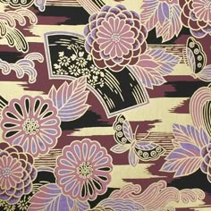 a close up view of a purple and black fabric with flowers, butterflies and stripes